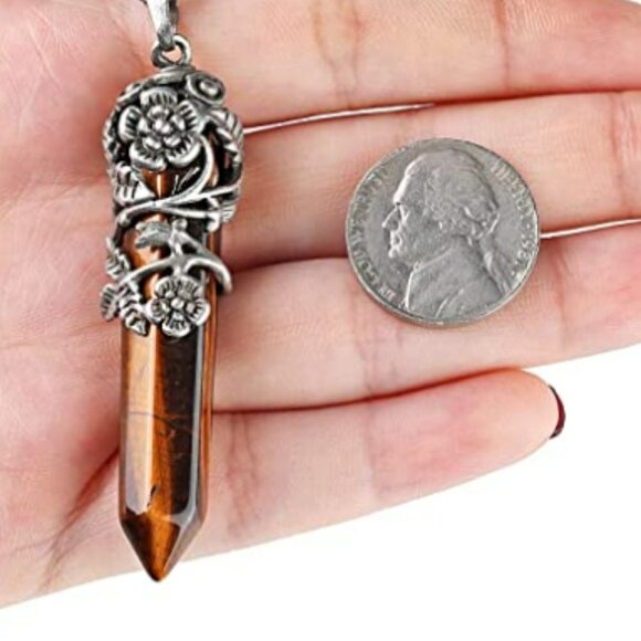 Natural Tiger Eye Quartz Gemstone Crystal Antique Silver Flower - Picture 3 of 4